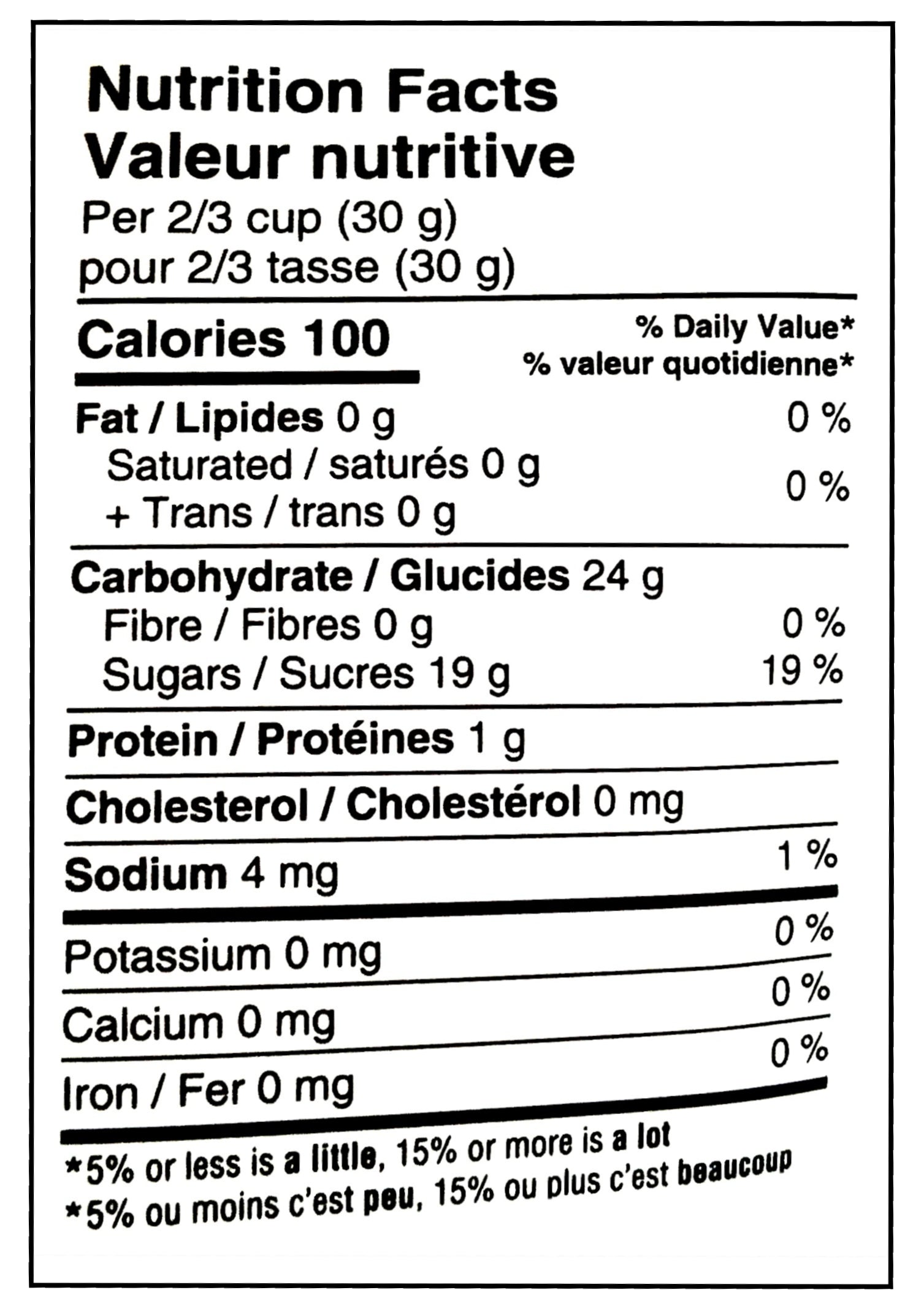 Nutrition facts label of Waterbridge Micro Marshmallows Just Mallow, 125g/4.4 oz., Bag