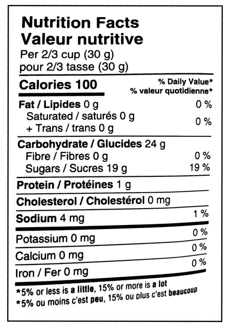 Nutrition facts label of Waterbridge Micro Marshmallows Just Mallow, 125g/4.4 oz., Bag