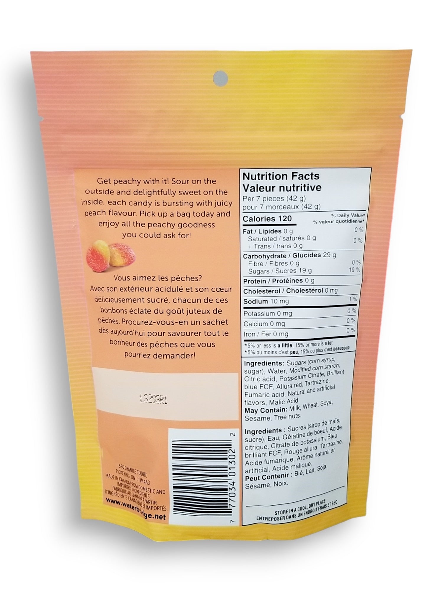 Waterbridge Just Peachy, Sour Fruit Flavored Gummy Candy, 200g, back of bag.