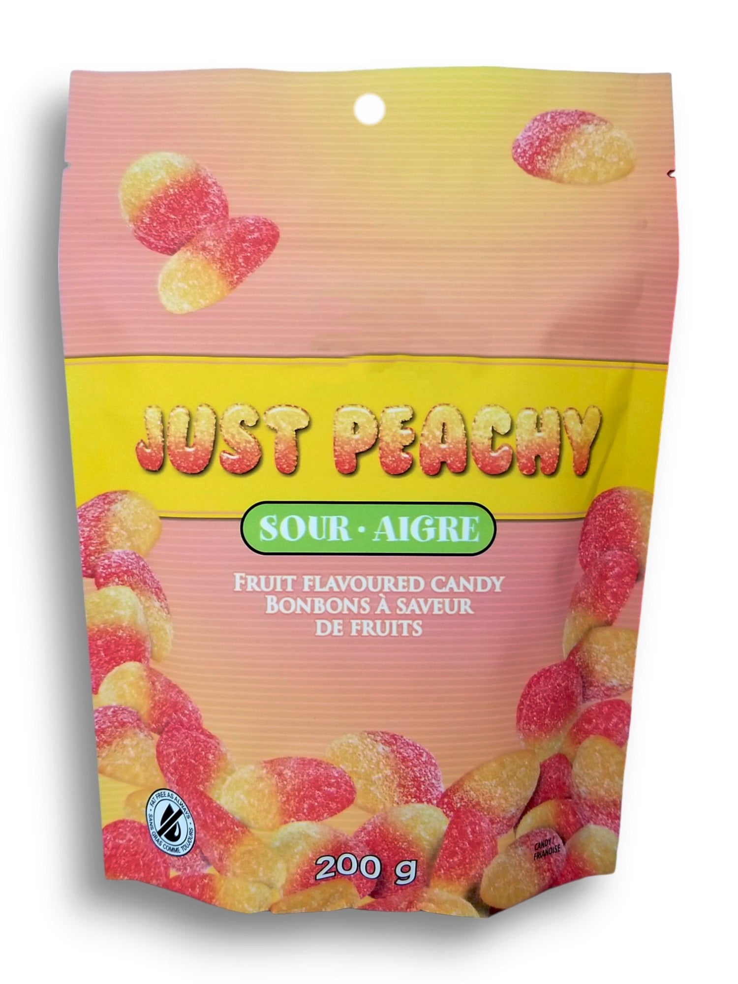 Waterbridge Just Peachy, Sour Fruit Flavored Gummy Candy, 200g, front of bag.