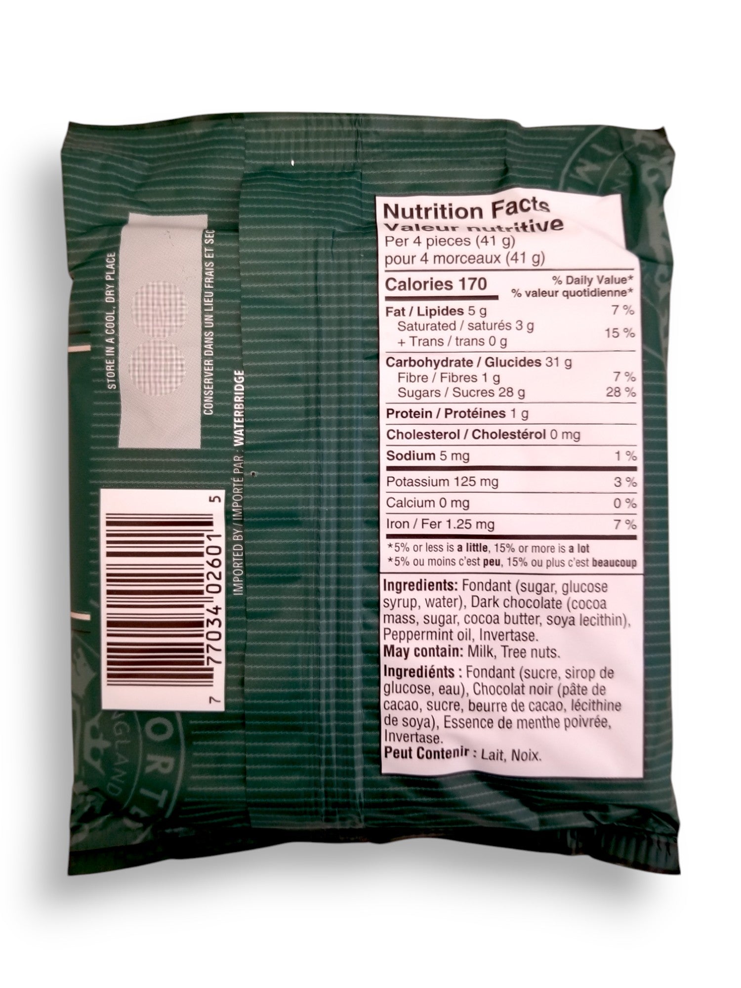 Back of Waterbridge Mint Creams, 90g/3.2 oz., Package