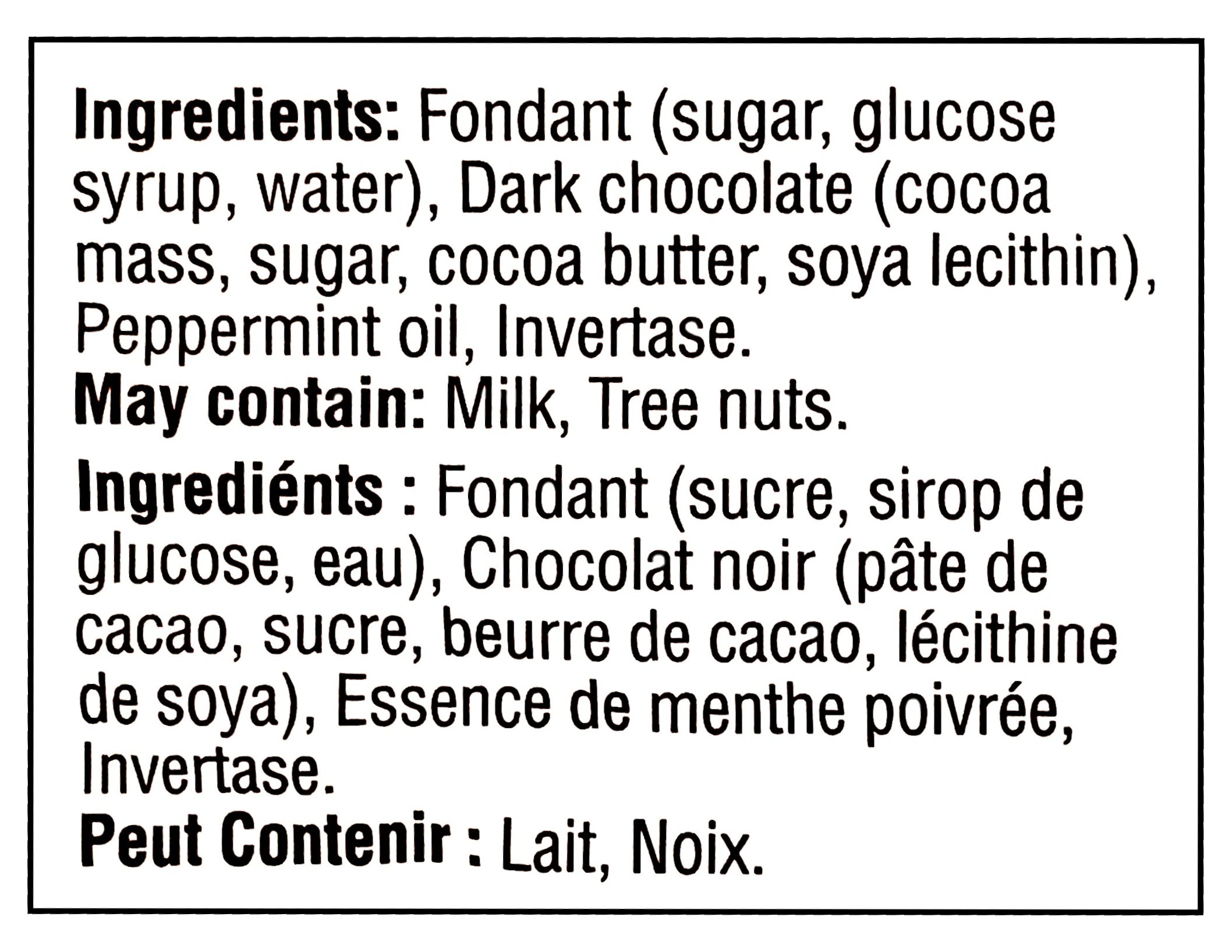 Ingredients label of Waterbridge Mint Creams, 90g/3.2 oz., Package