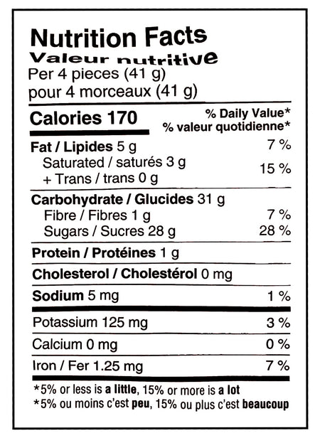 Nutrition facts label of Waterbridge Mint Creams, 90g/3.2 oz., Package