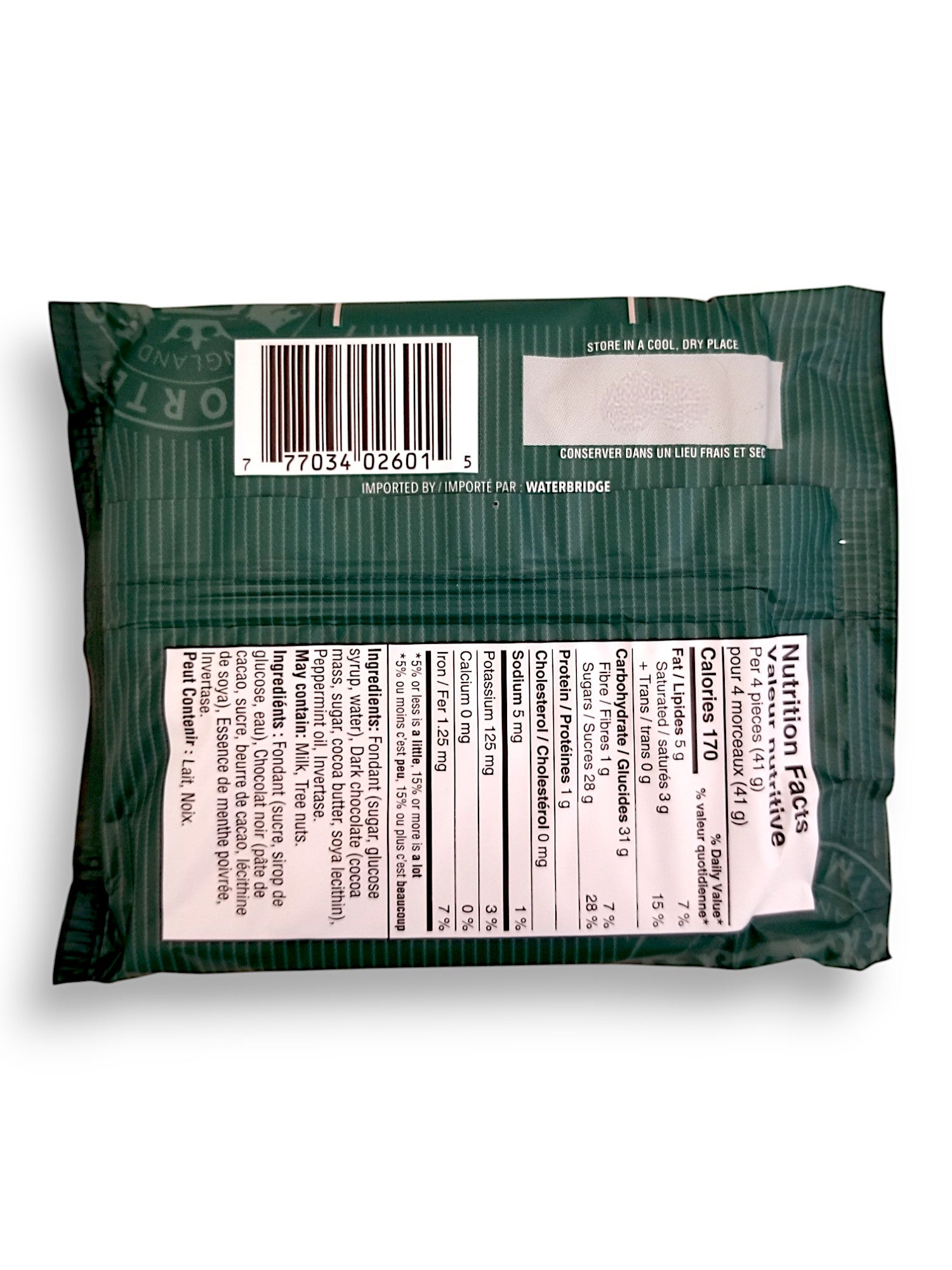 Back of Waterbridge Mint Creams, 90g/3.2 oz., Package