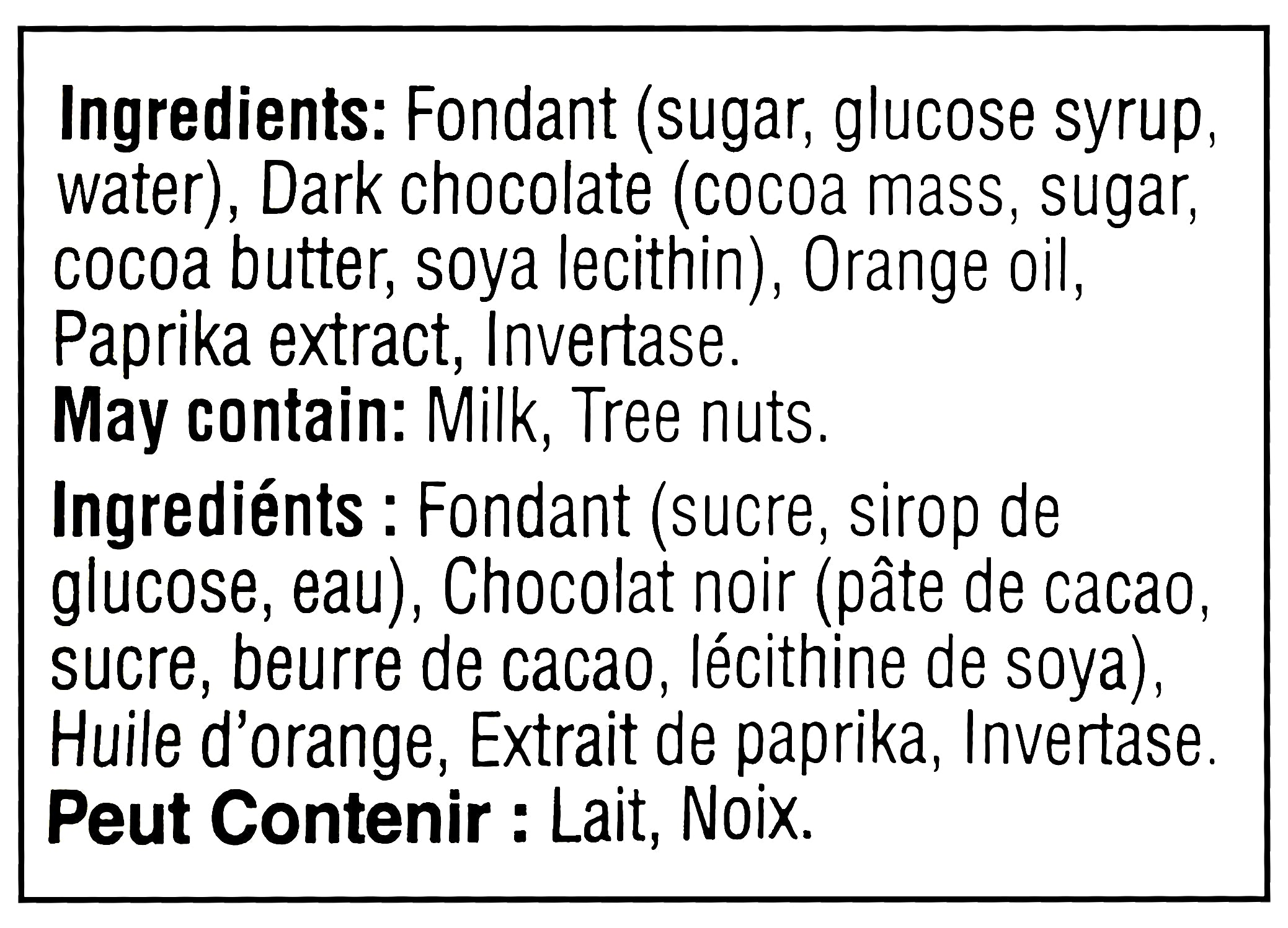 Ingredients label of Waterbridge Orange Creams, 90g/3.2 oz., Bar