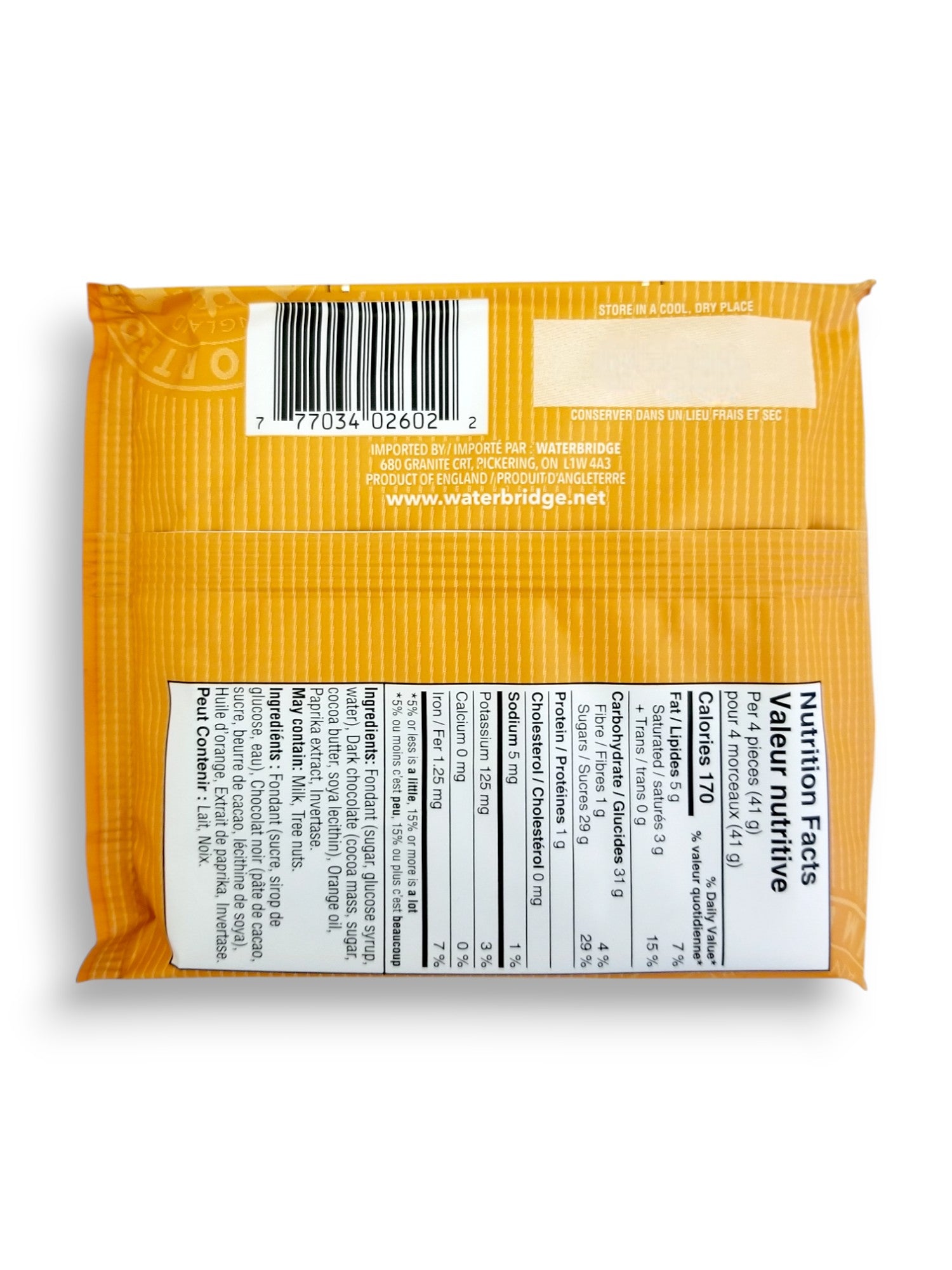 Back of Waterbridge Orange Creams, 90g/3.2 oz., Bar