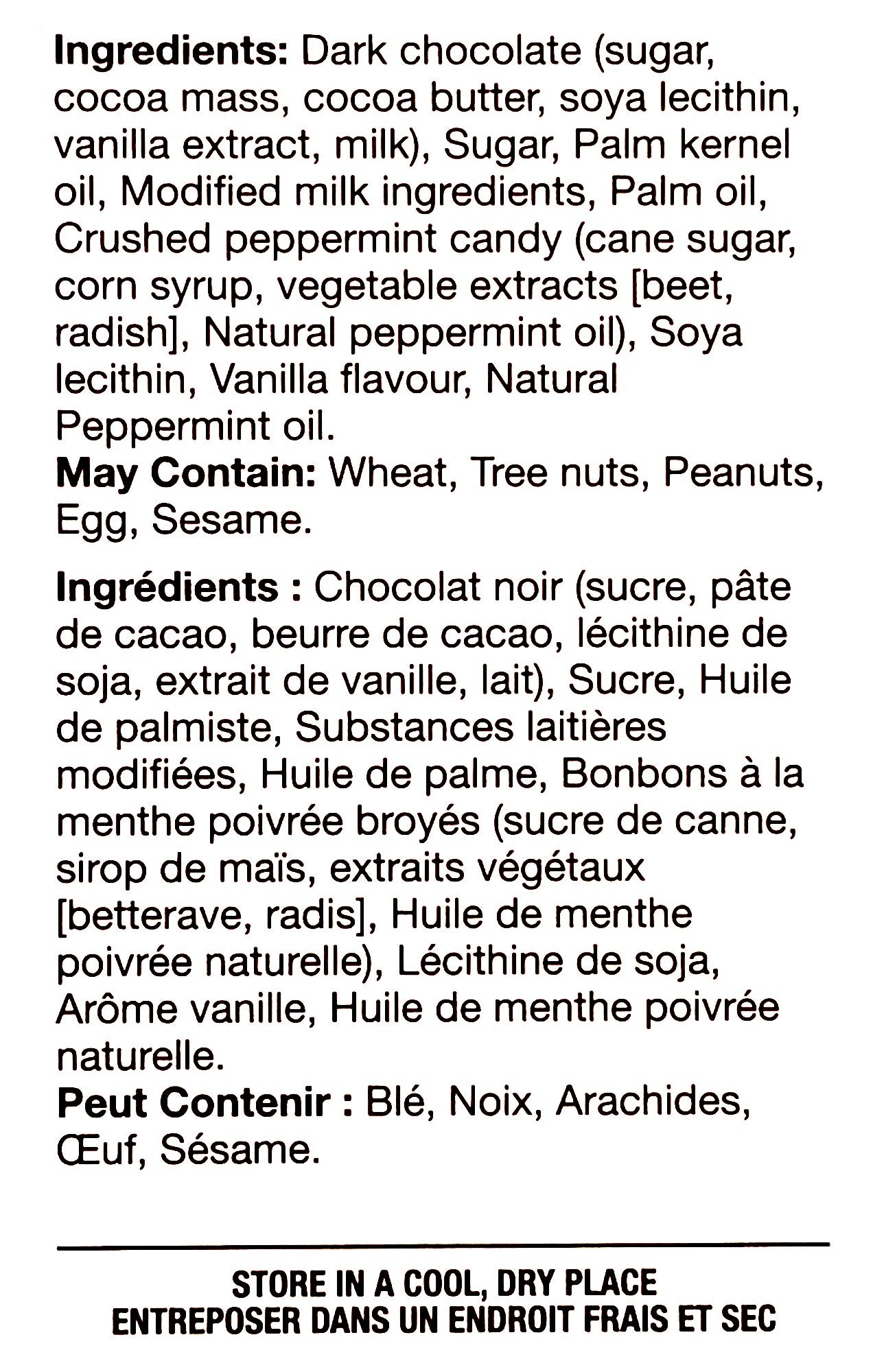 Ingredients label of Waterbridge Peppermint Bark, 198g/7 oz., Box