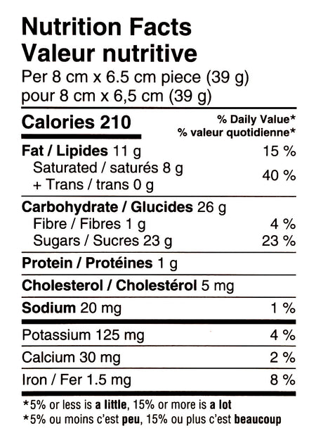 Nutrition facts label of Waterbridge Peppermint Bark, 198g/7 oz., Box