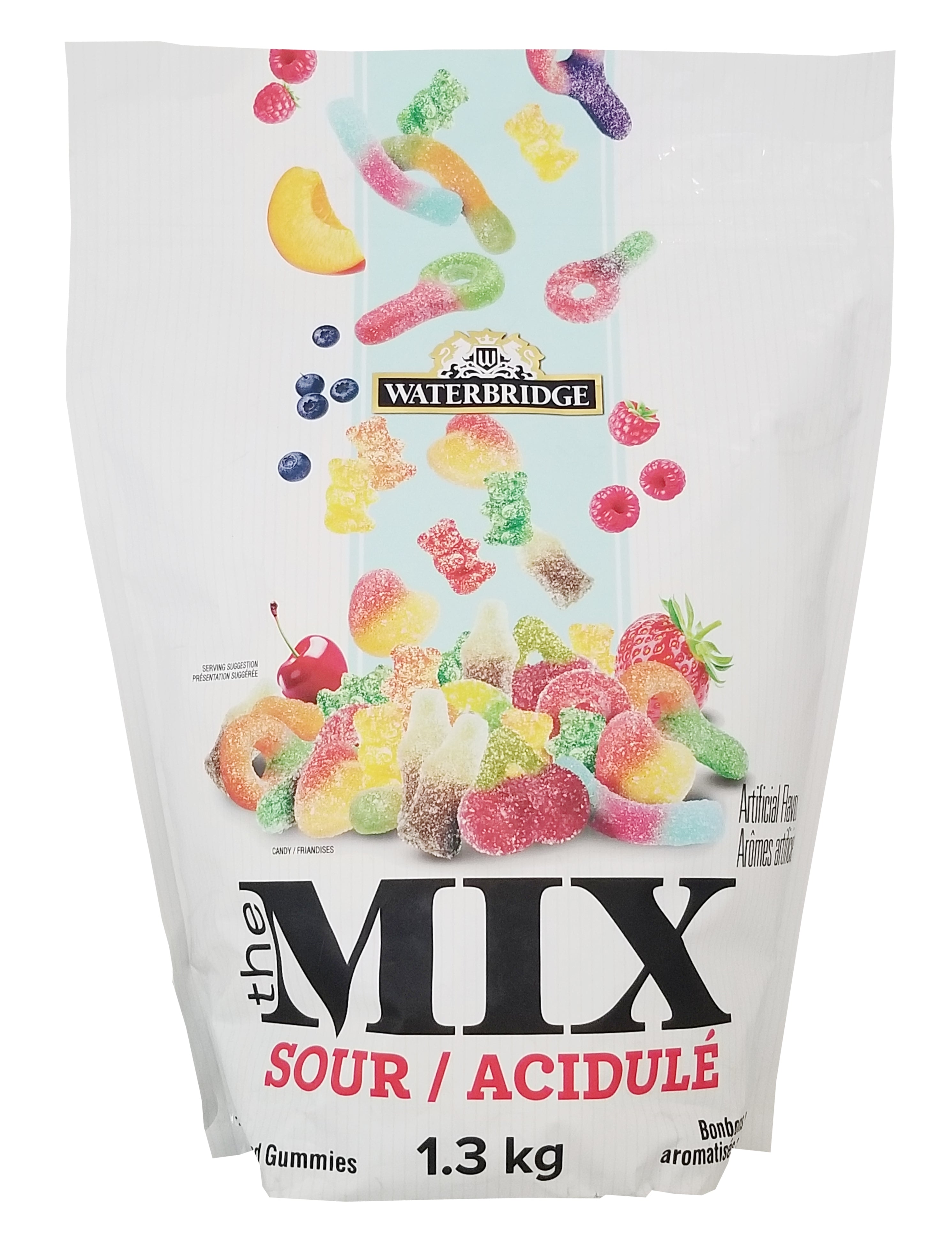 Waterbridge The Mix Sour, Assorted, 1.3kg/45.9 oz, Front - Bag of Waterbridge gummy mix with colorful gummy candies on a white background