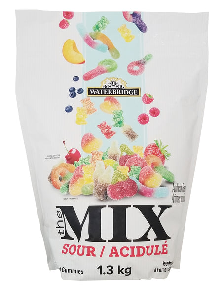 Waterbridge The Mix Sour, Assorted, 1.3kg/45.9 oz, Front - Bag of Waterbridge gummy mix with colorful gummy candies on a white background
