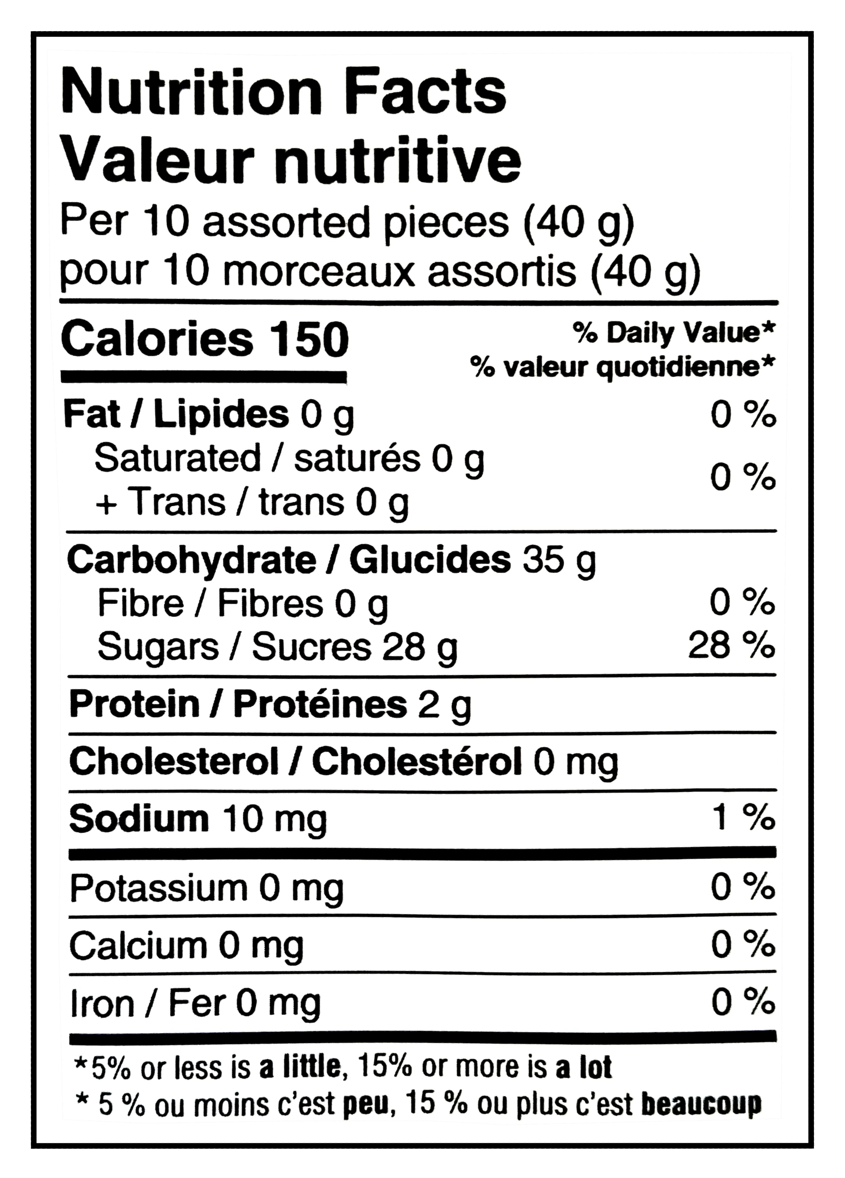 Waterbridge The Mix Sour, Assorted, 1.3kg/45.9 oz - Nutrition facts label for a product with 150 calories per 10 assorted pieces.
