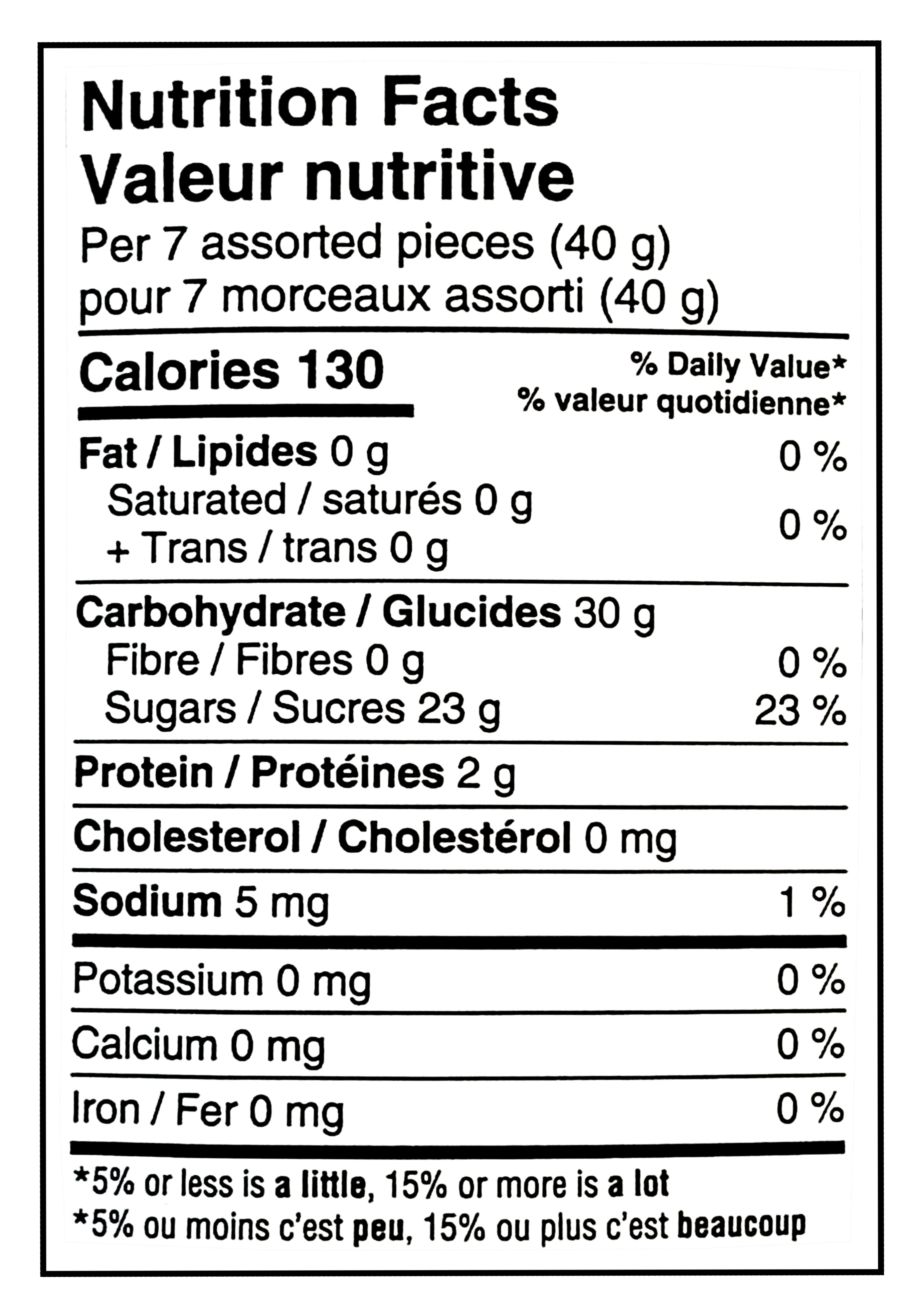 Waterbridge The Mix Sour Fusion, Assorted Gummies, 700g/24.5 oz - Nutrition facts label for a product with 130 calories, 30g of carbohydrates, and 23g of sugars per 7 assorted pieces.