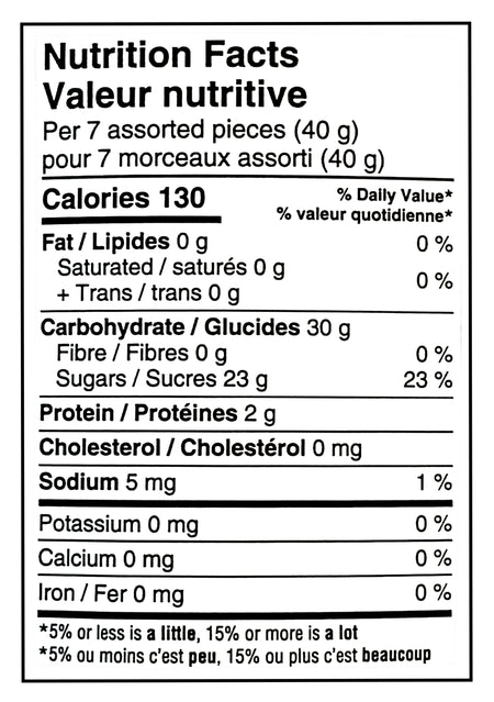 Waterbridge The Mix Sour Fusion, Assorted Gummies, 700g/24.5 oz - Nutrition facts label for a product with 130 calories, 30g of carbohydrates, and 23g of sugars per 7 assorted pieces.