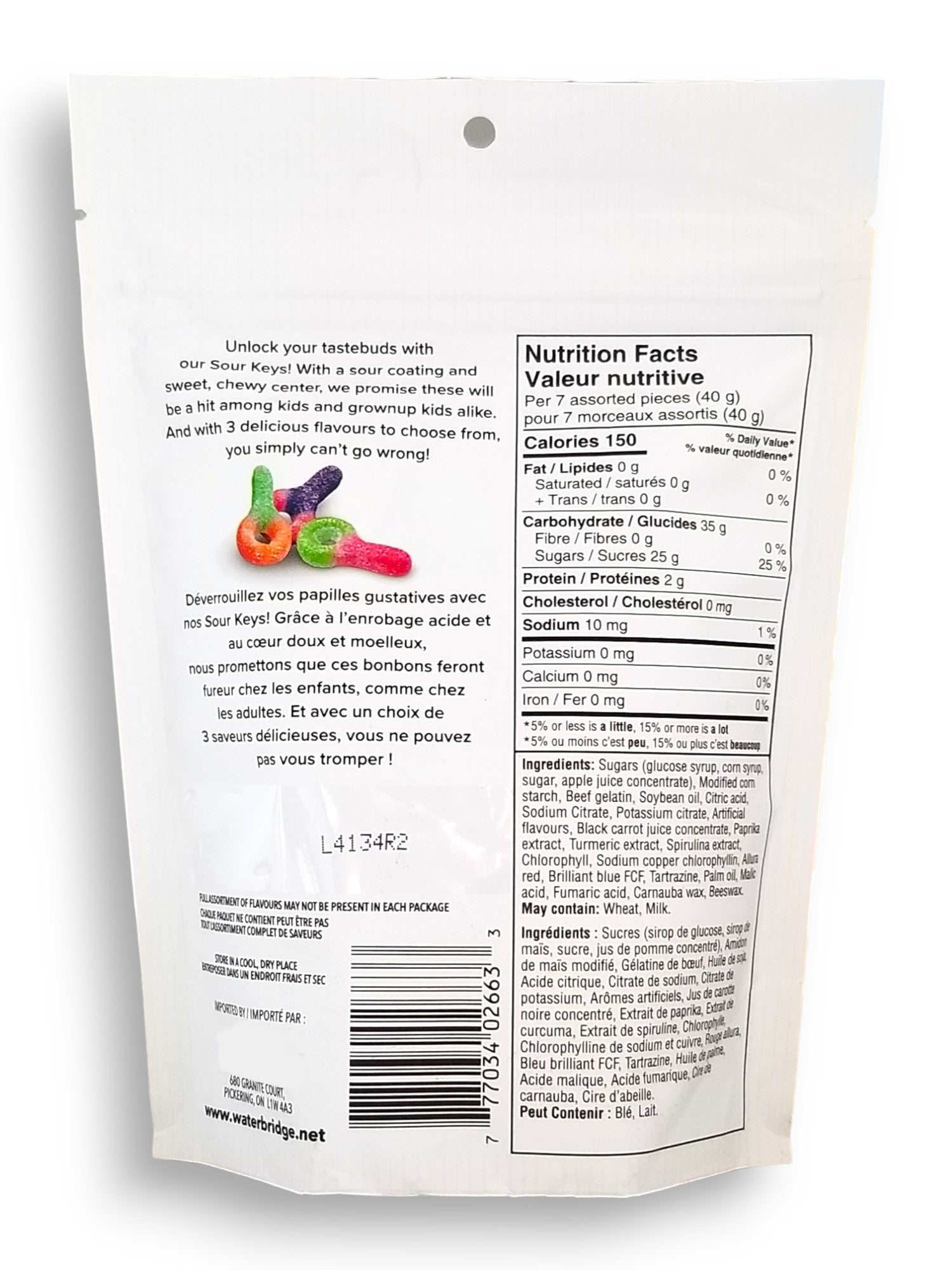 Waterbridge The Mix Sour Keys Gummy, 175g, back of bag.