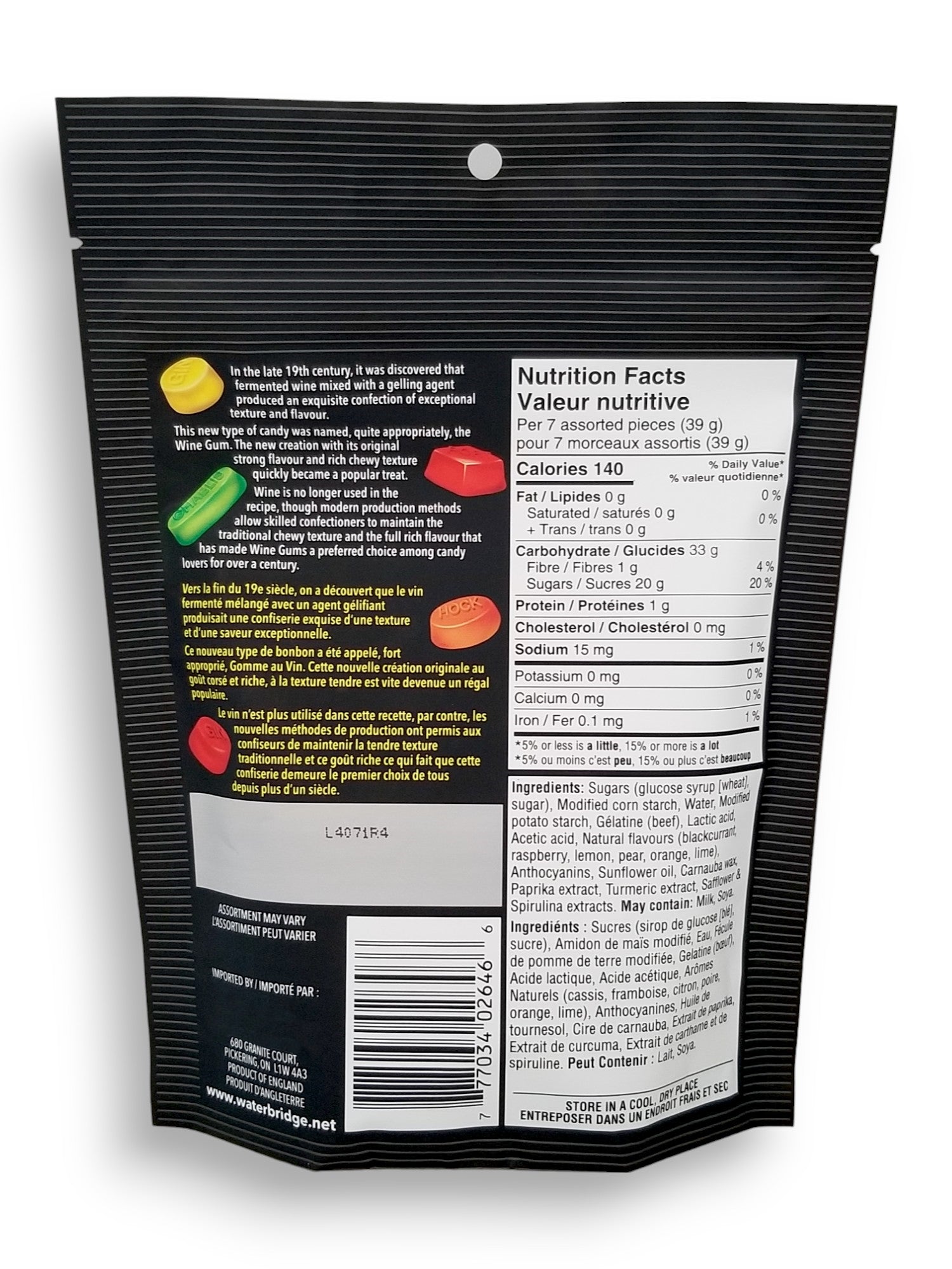 Waterbridge Wine Gums, Fruit Flavors, 175g, back of bag.