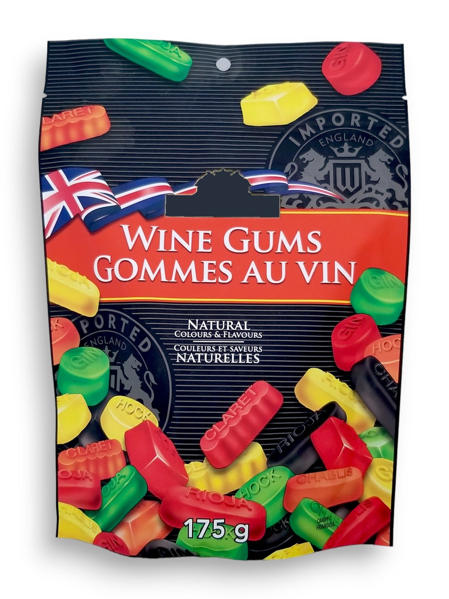 Waterbridge Wine Gums, Fruit Flavors, 175g, front of bag.