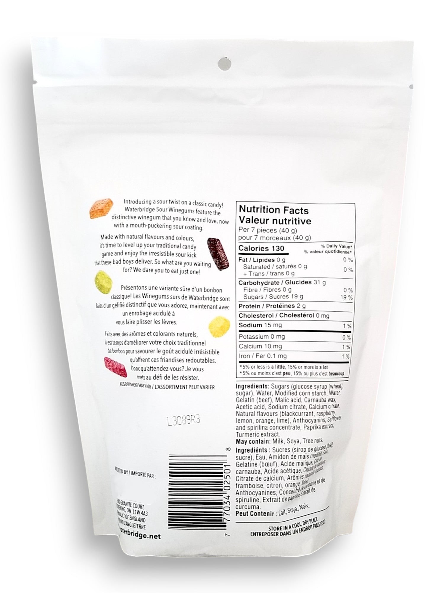 Waterbridge Wine Gums, Sour Fruit Flavors, 350g, back of bag.
