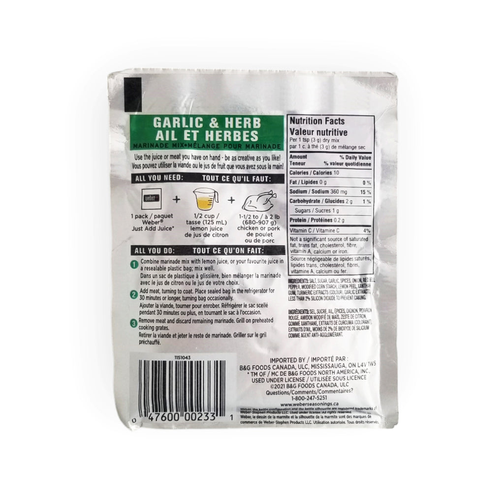 Weber Just Add Juice Garlic & Herb BBQ Marinade Mix, 32g/1.12 oz. Pouch