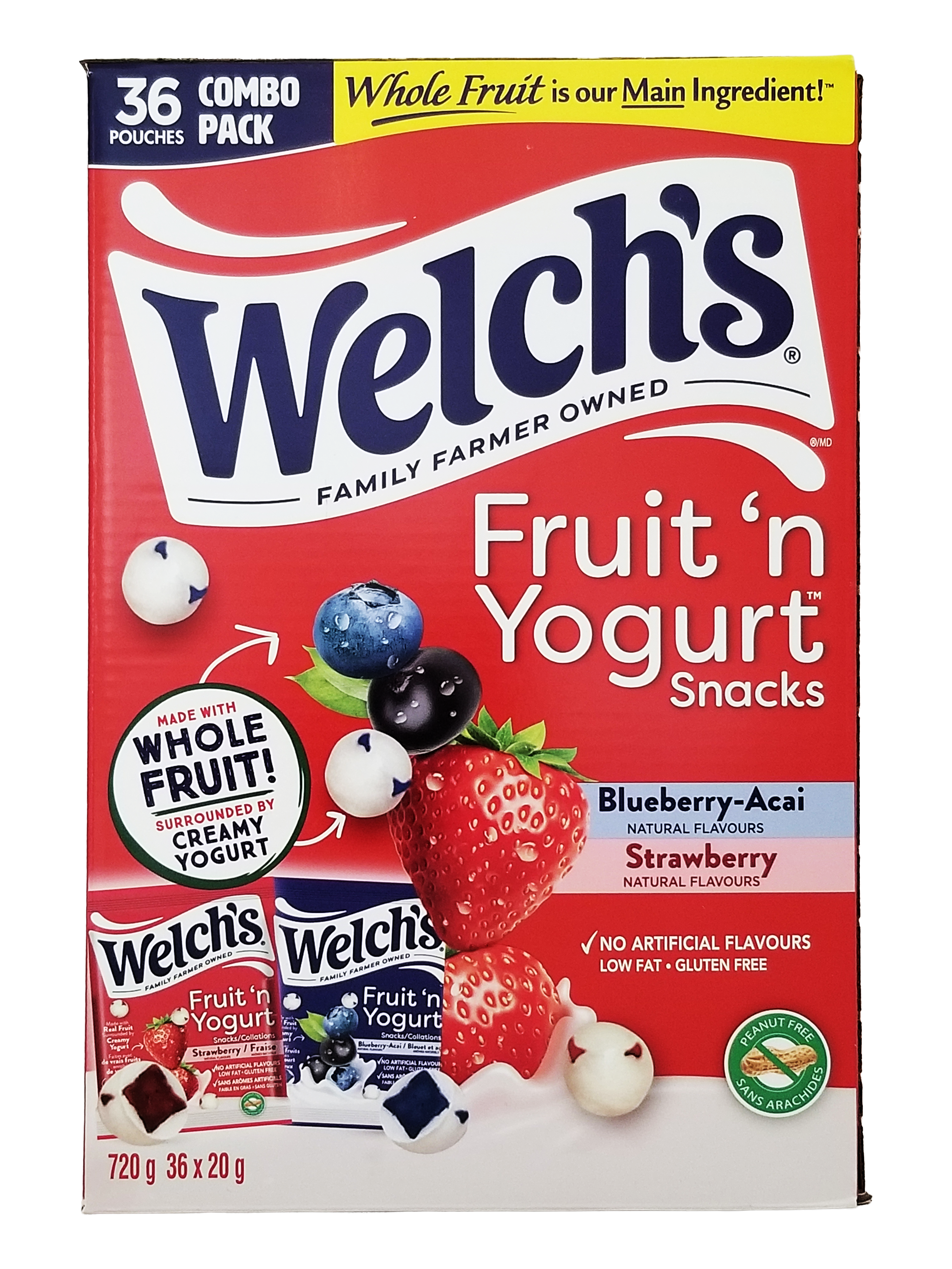 Box of Welch's Fruit 'n Yogurt Snacks with red background and colorful fruit graphics.