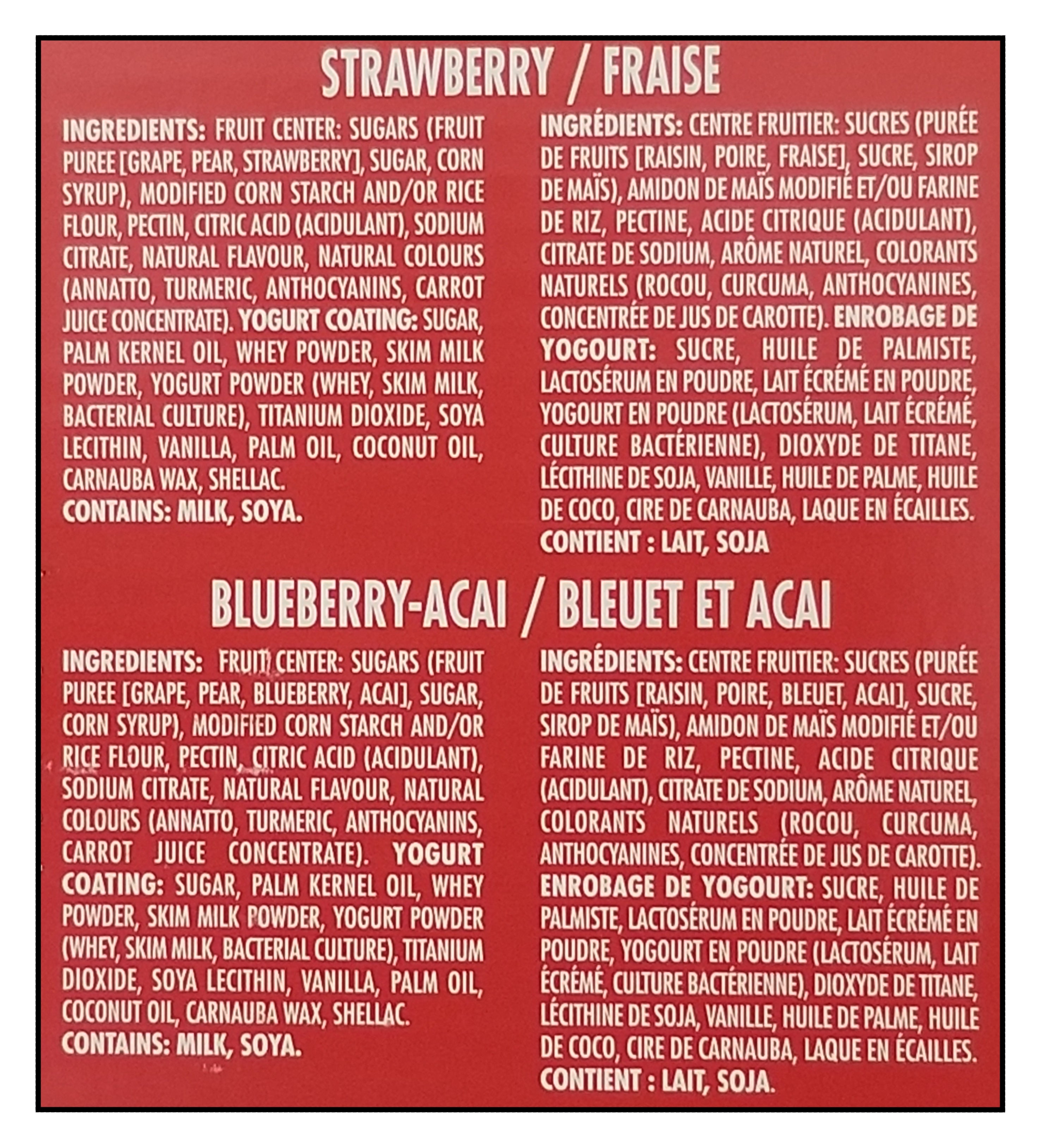 Ingredients list for Welch's Fruit 'n Yogurt Snacks, 36ct x 20g, 720g/25.3 oz on a red background with text in English and French.