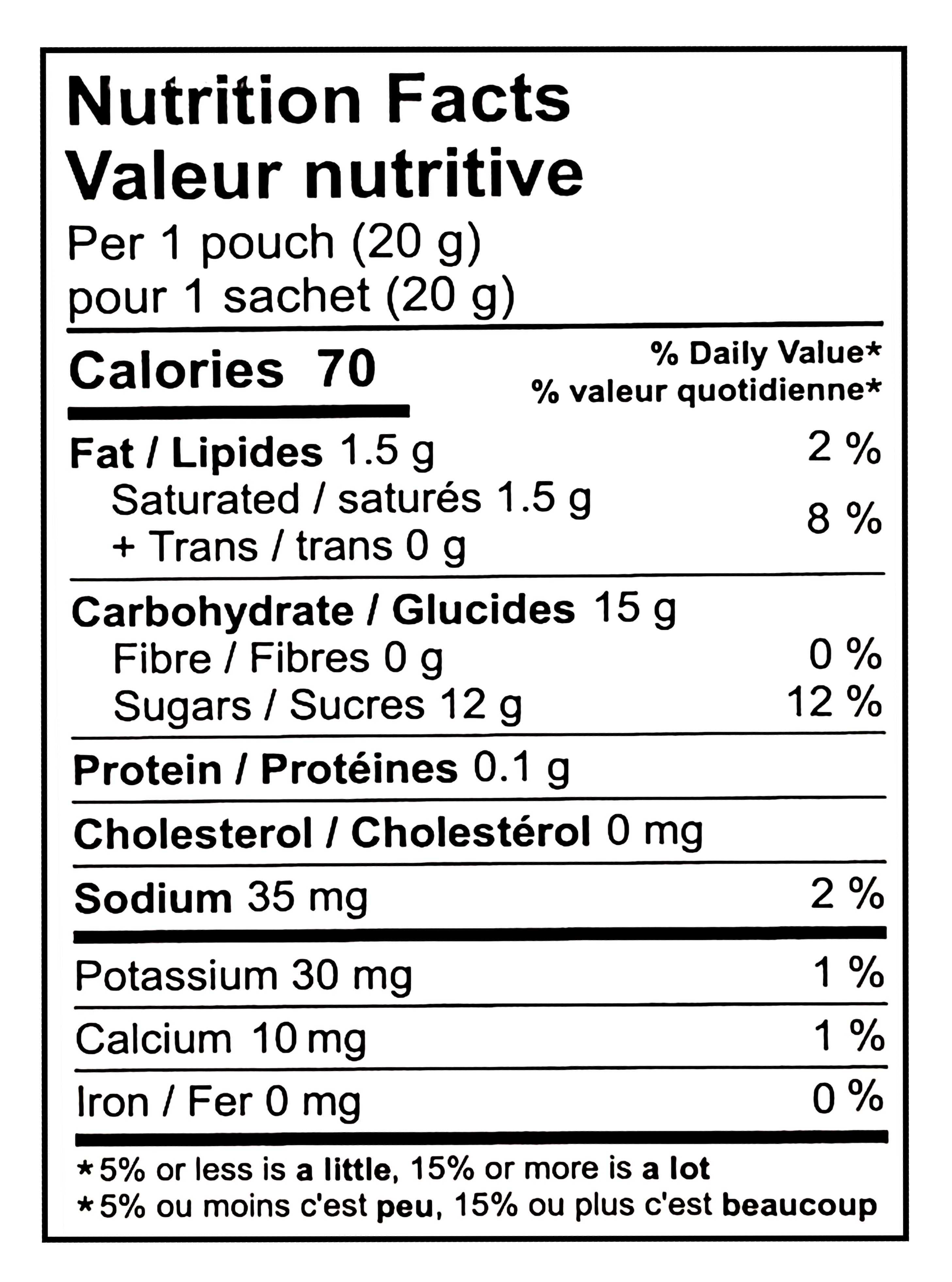 Nutrition facts label for Welch's Fruit 'n Yogurt Snacks, 36ct x 20g, 720g/25.3 oz per 20g pouch