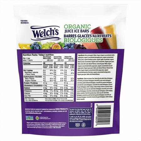 Welch's Organic Juice Ice Bars, back of bag