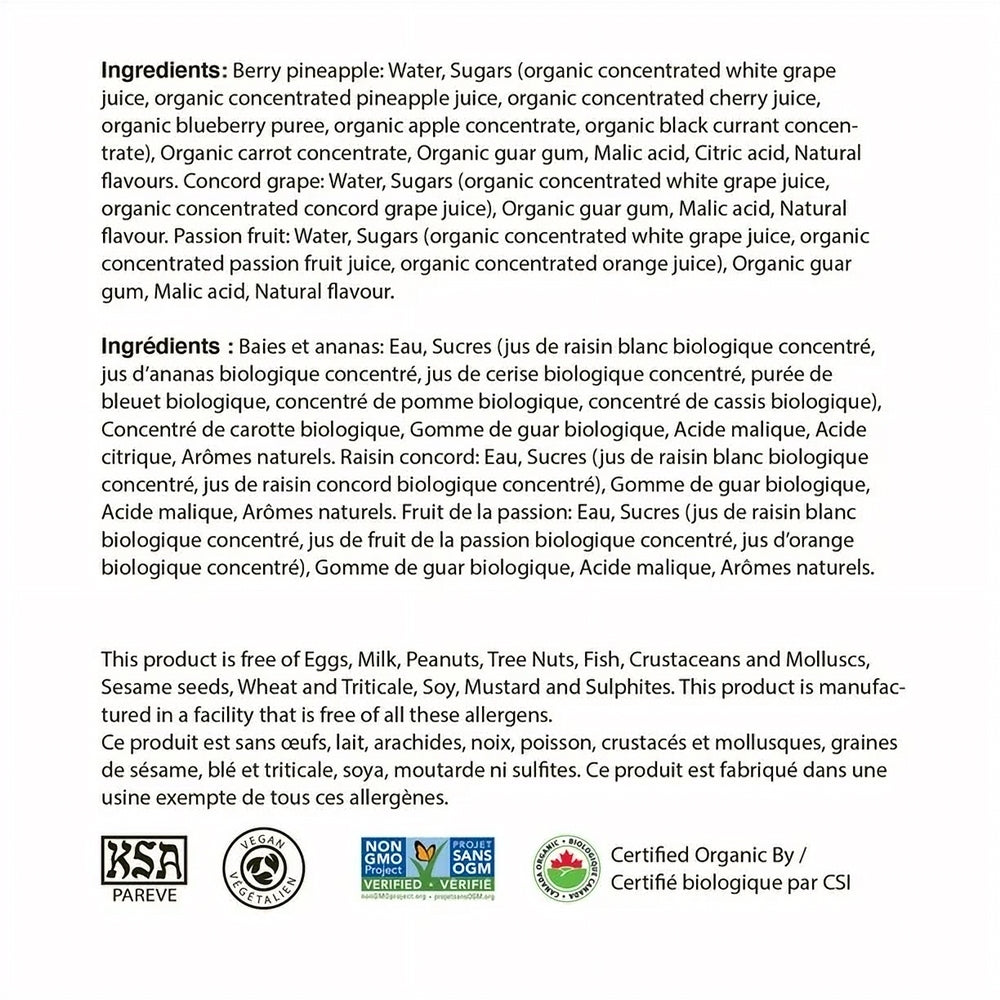 Welch's Organic Juice Ice Bars, ingredients label