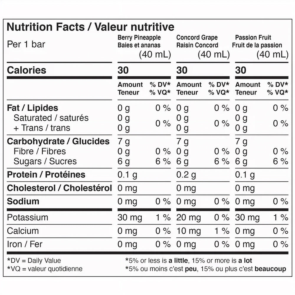 Welch's Premium Juice Ice bars, nutrition fact label