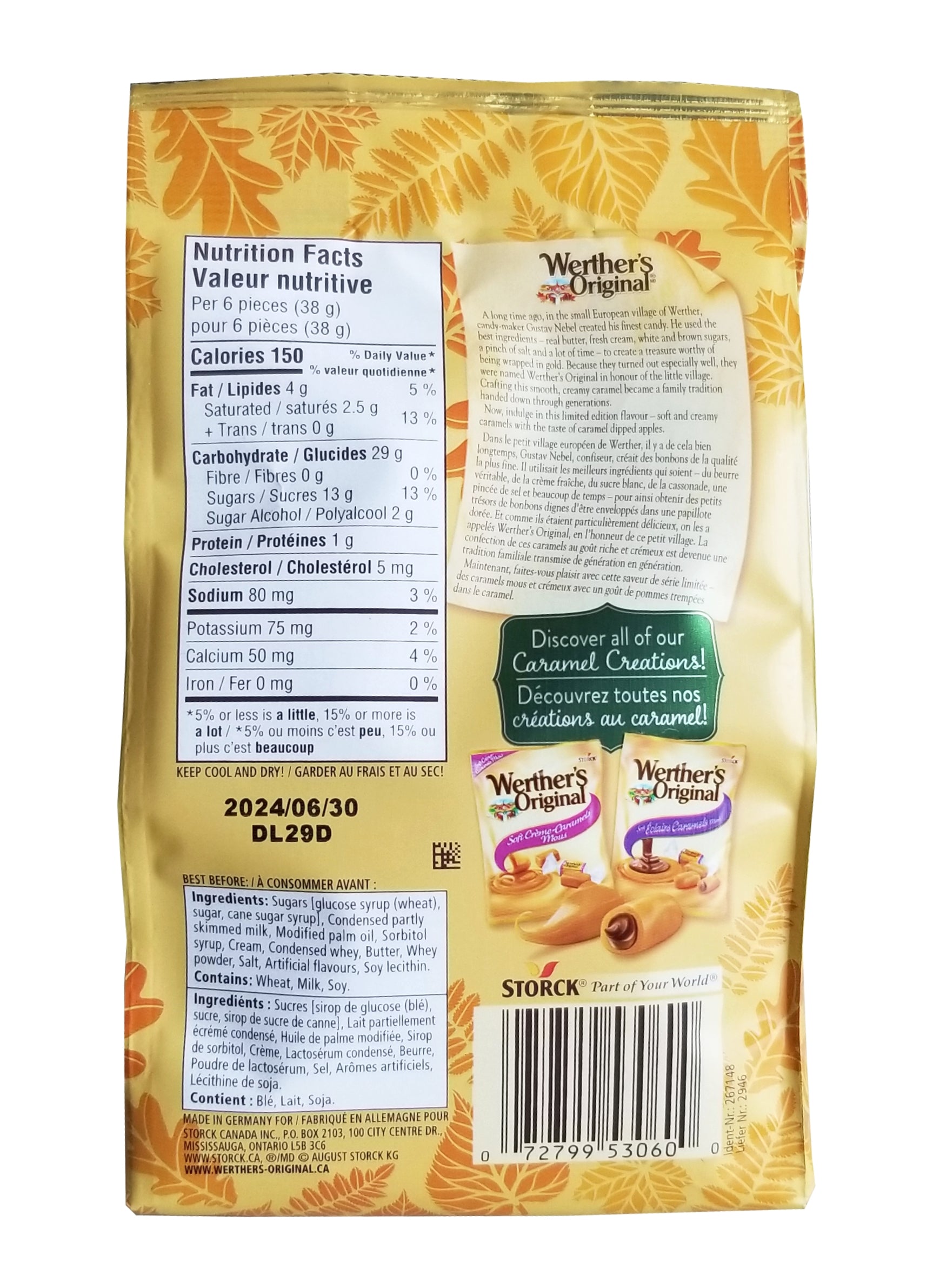 Werther's Original Caramel Apple Flavored Soft Caramels, 250g/8.75 oz. Bag Back Side