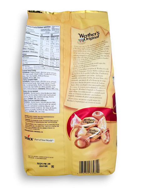Werther's Original Caramel Hard Candies & Creamy Caramel Filled Hard Candies, 1139g, back of bag.