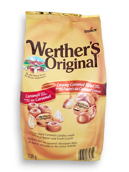 Werther's Original Caramel Hard Candies & Creamy Caramel Filled Hard Candies, 1139g, front of bag.