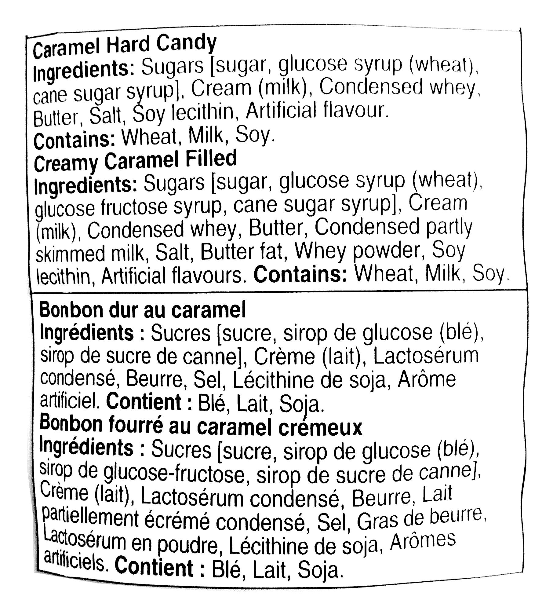 Werther's Original Caramel Hard Candies & Creamy Caramel Filled Hard Candies, 1139g, ingredients label.