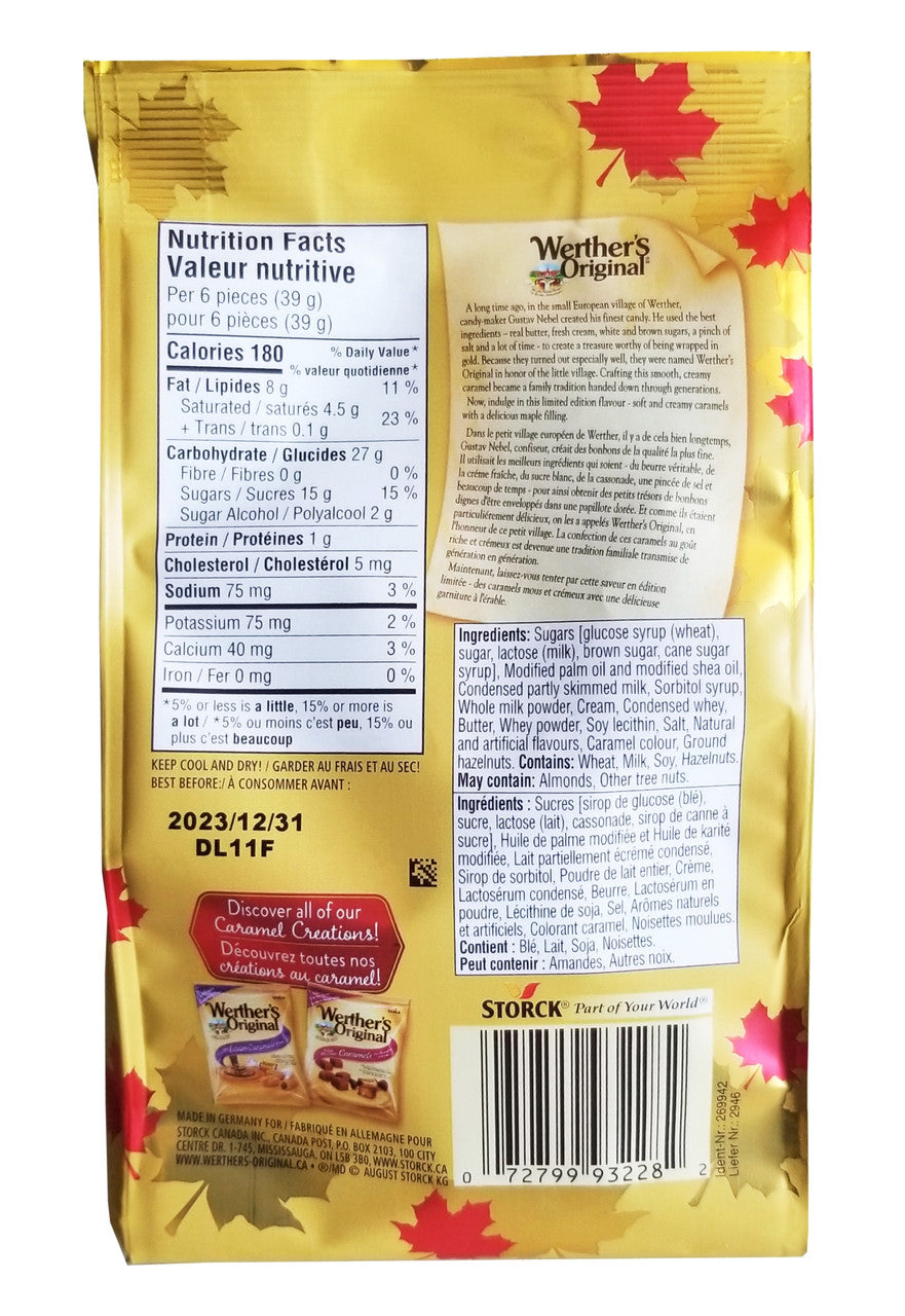 Werther's Original Maple Eclairs Caramel Candies, 200g/7 oz., Bag (Imported from Canada)