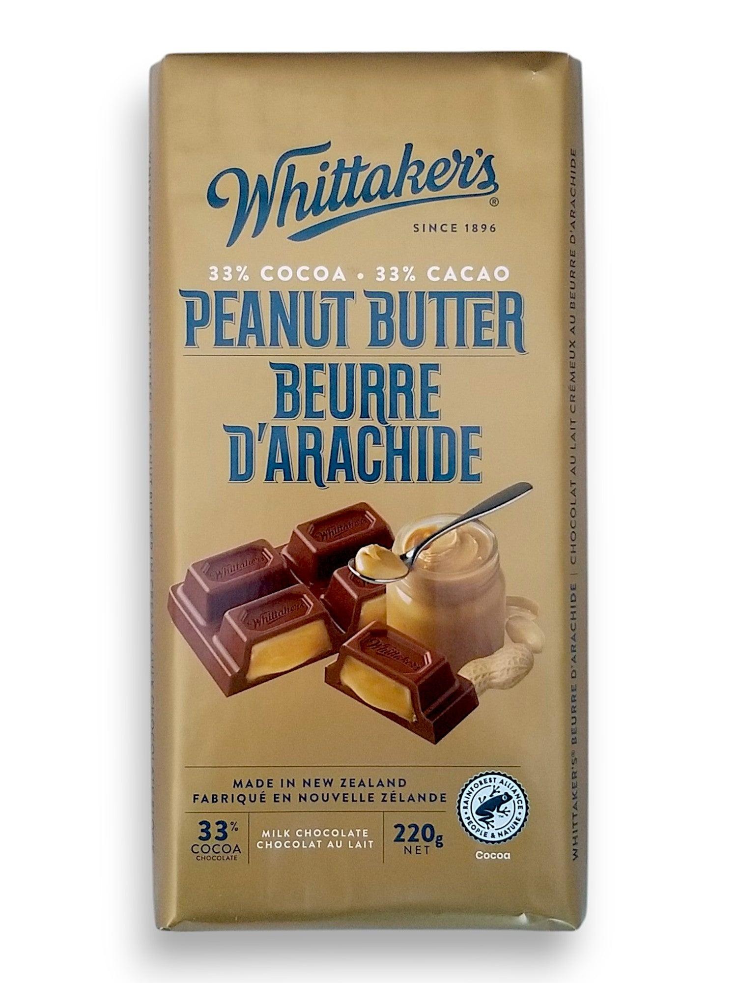 Whittaker's 33% Cocoa Peanut Butter Milk Chocolate Bar, 220g/7.8 oz. Bar - Front