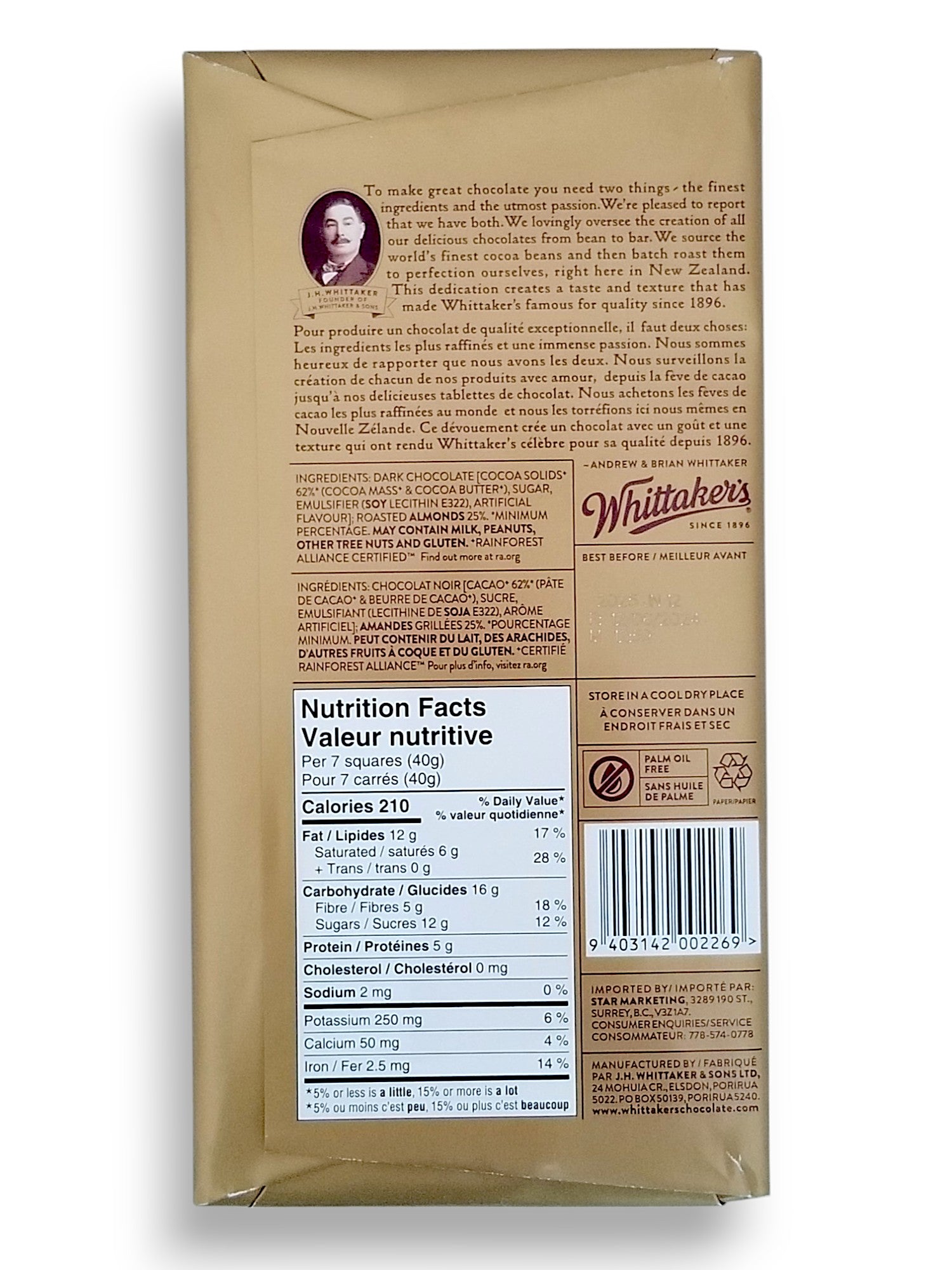 Whittaker's 62% Cocoa Dark Almond Chocolate Bar, 200g/7 oz. Bar - Back