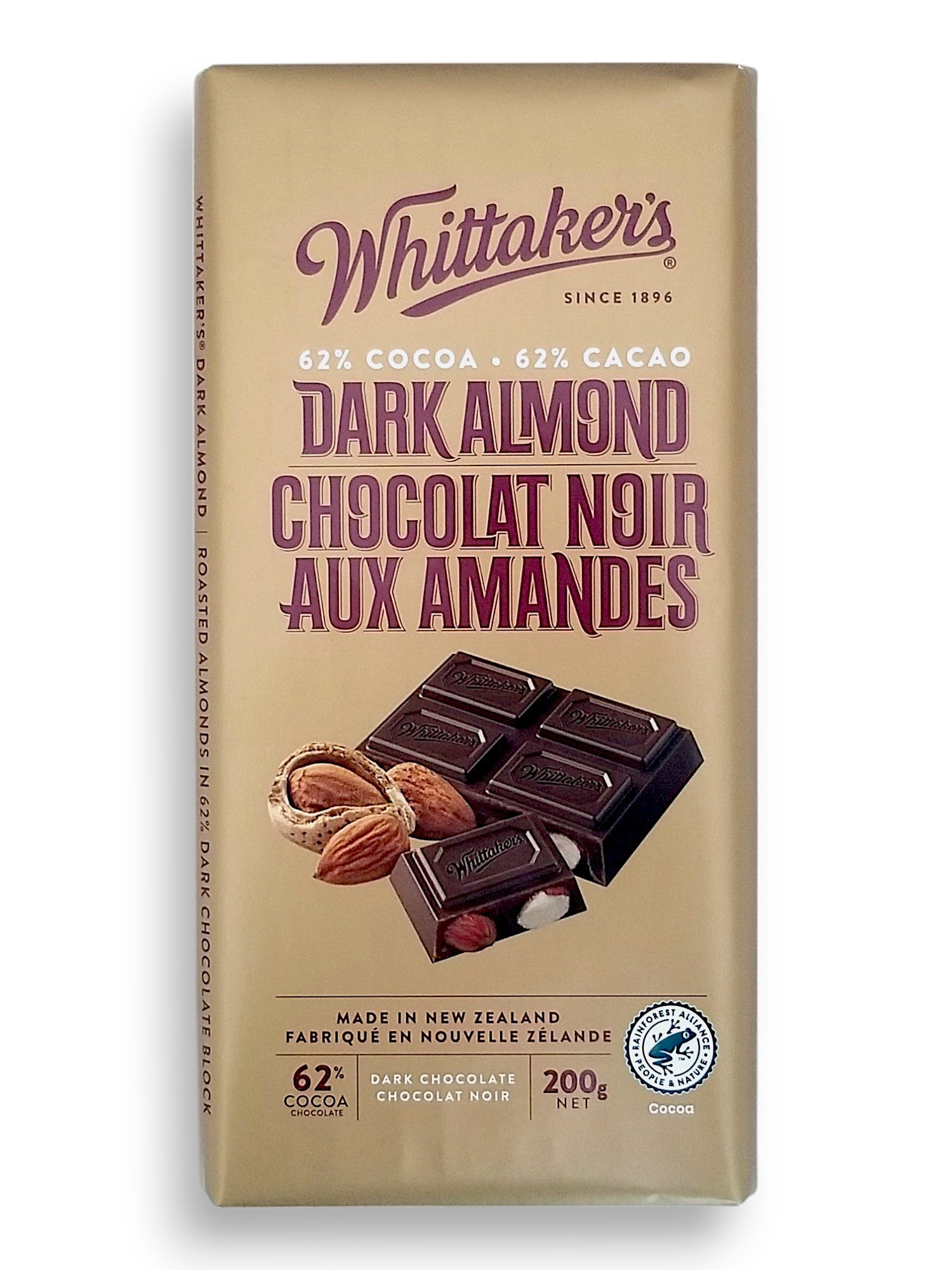 Whittaker's 62% Cocoa Dark Almond Chocolate Bar, 200g/7 oz. Bar - Front