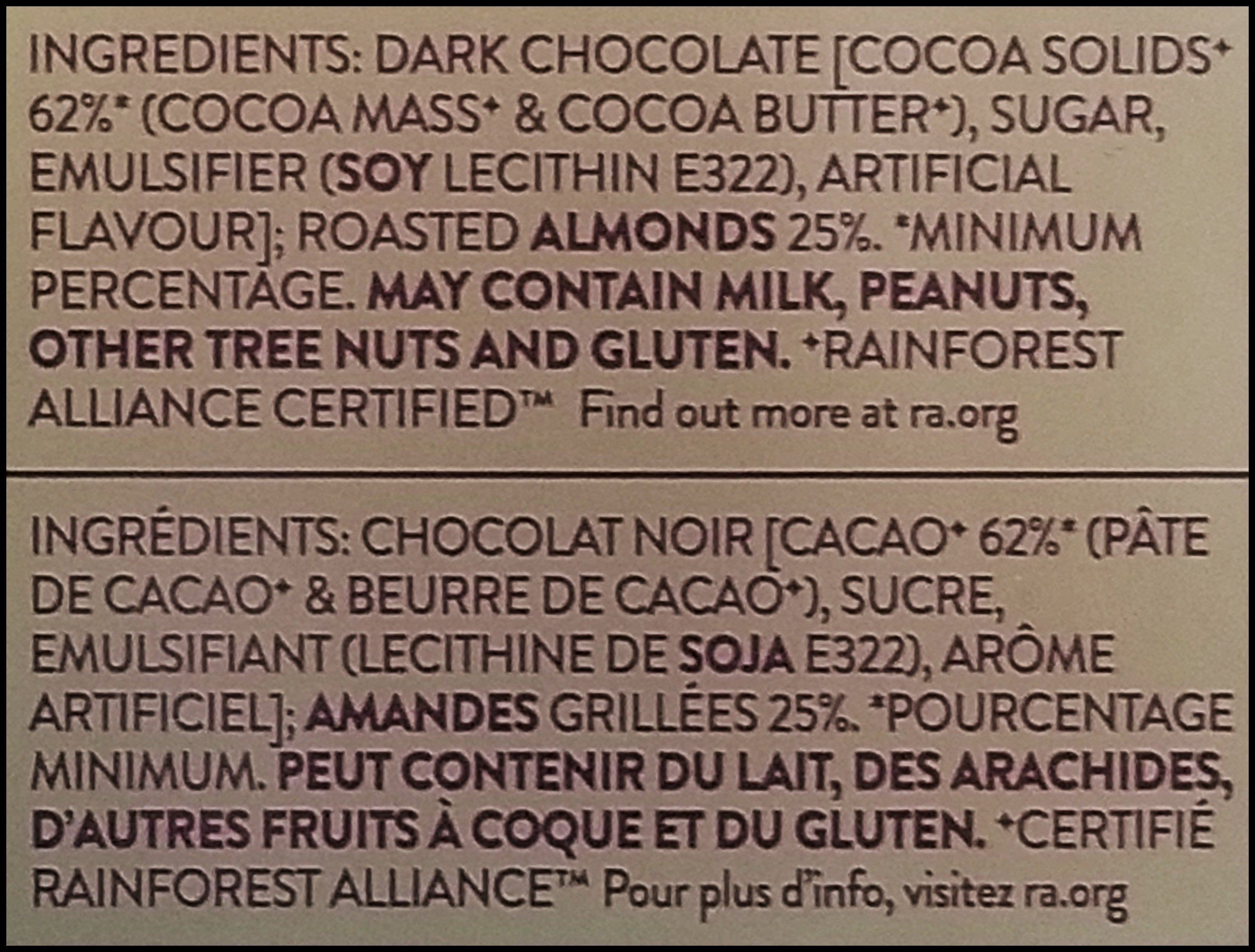 Whittaker's 62% Cocoa Dark Almond Chocolate Bar, 200g/7 oz. Bar - Ingredients Label