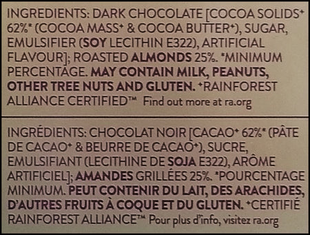 Whittaker's 62% Cocoa Dark Almond Chocolate Bar, 200g/7 oz. Bar - Ingredients Label
