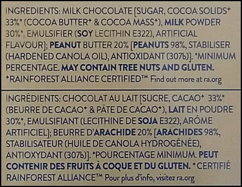 Whittaker's 33% Cocoa Peanut Butter Milk Chocolate Bar, 220g/7.8 oz. Bar - Ingredients Label