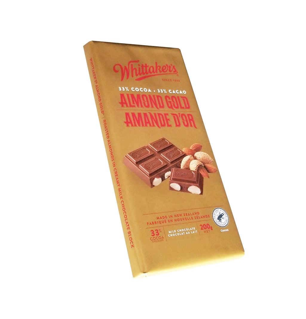 Whittaker's 33% Cocoa Almond Gold Milk Chocolate Bar, 200g/7 oz. Bar