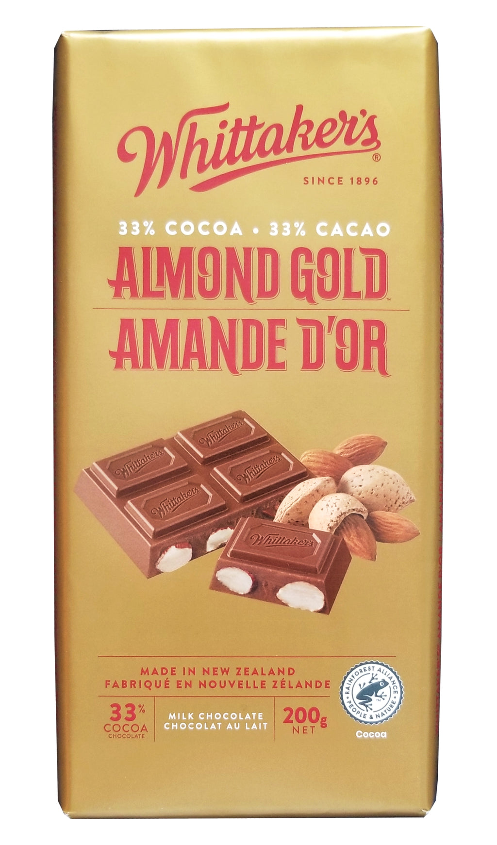 Whittaker's 33% Cocoa Almond Gold Milk Chocolate Bar, 200g/7 oz. Bar