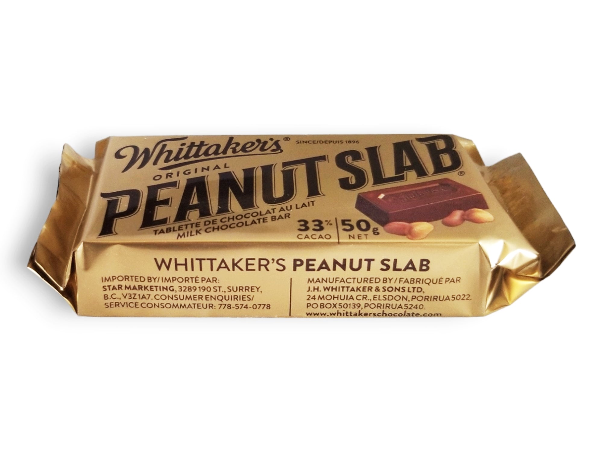 Whittaker's 33% Cocoa Peanut Slab Milk Chocolate Bar, 50g/1.75 oz. Bar