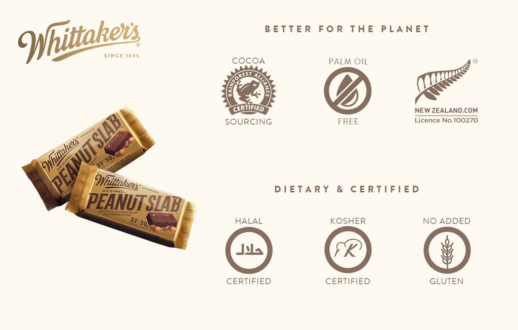 Whittaker's 33% Cocoa Peanut Slab Milk Chocolate Bar, 50g/1.75 oz. Bar
