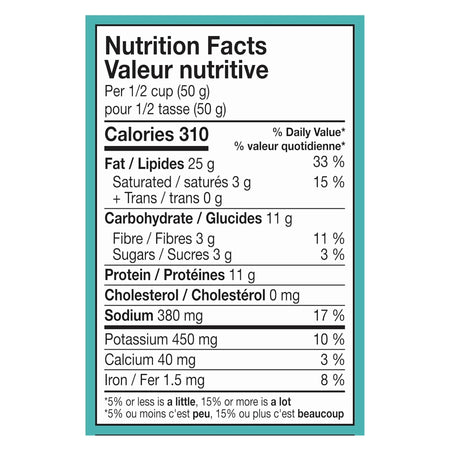 Wonderful Sea Salt & Vinegar Pistachios 155g nutrition facts label — high fiber plant protein