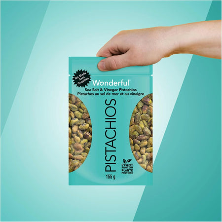 Wonderful Sea Salt & Vinegar Pistachios 155g vegan snack — no-shell plant protein pistachios