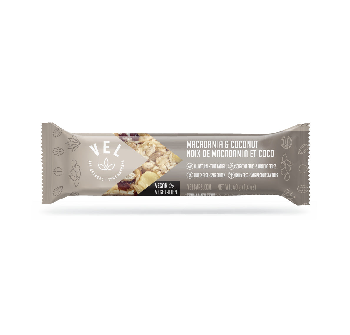 VEL All Natural, Vegan Macadamia & Coconut Bars, 5 x 40g, 200g, individual wrapped bar.