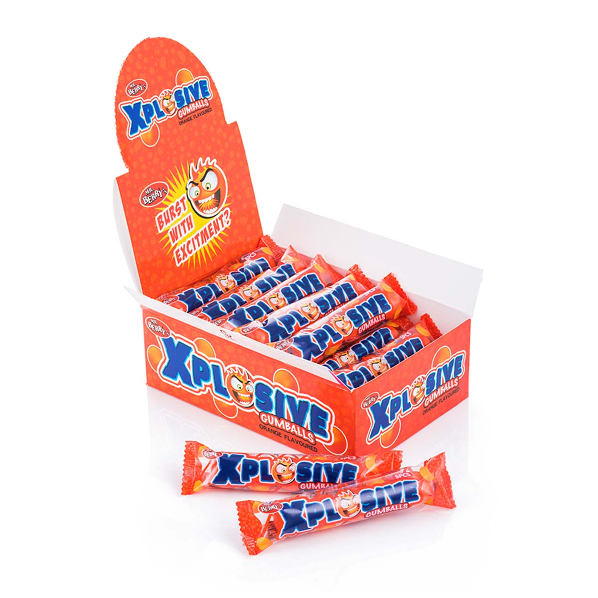 Mr. Berry's Explosive Gumballs, Orange Flavored - 24 Packs of 5 Pcs - 500g, box of orange gumballs.