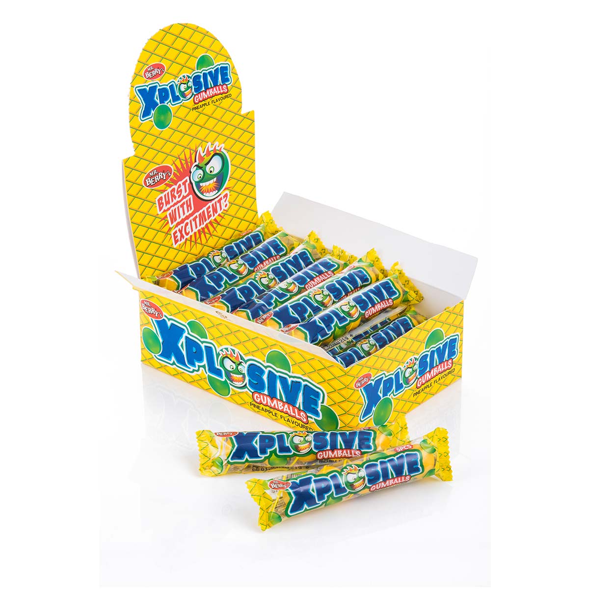 Mr. Berry's Explosive Gumballs, Pineapple Flavored - 24 Packs of 5 Pcs - 500g, picture of open box.