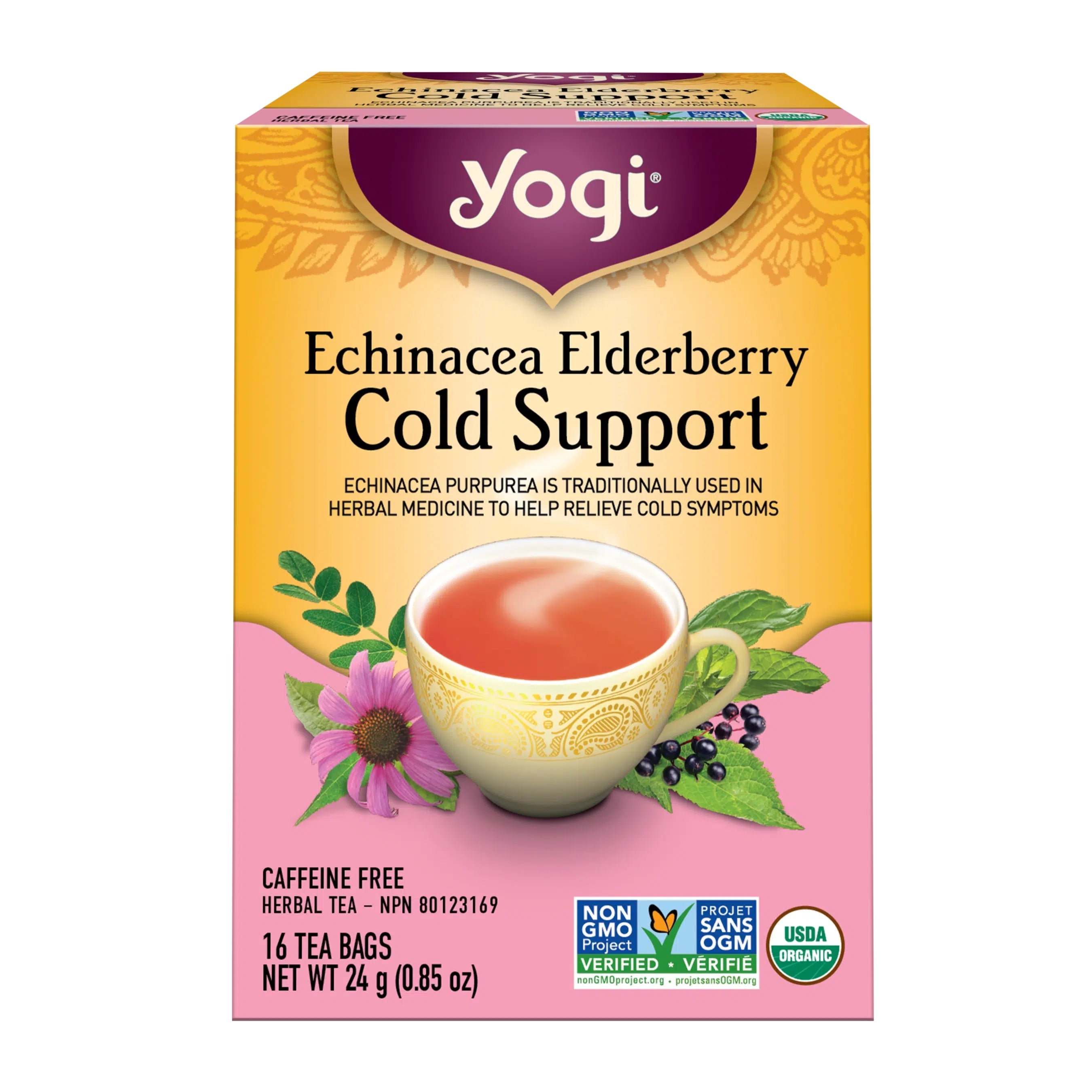 Yogi Echinacea Elderberry Cold Support Herbal Tea, 16 Bags, 24g/0.8 oz. - Front
