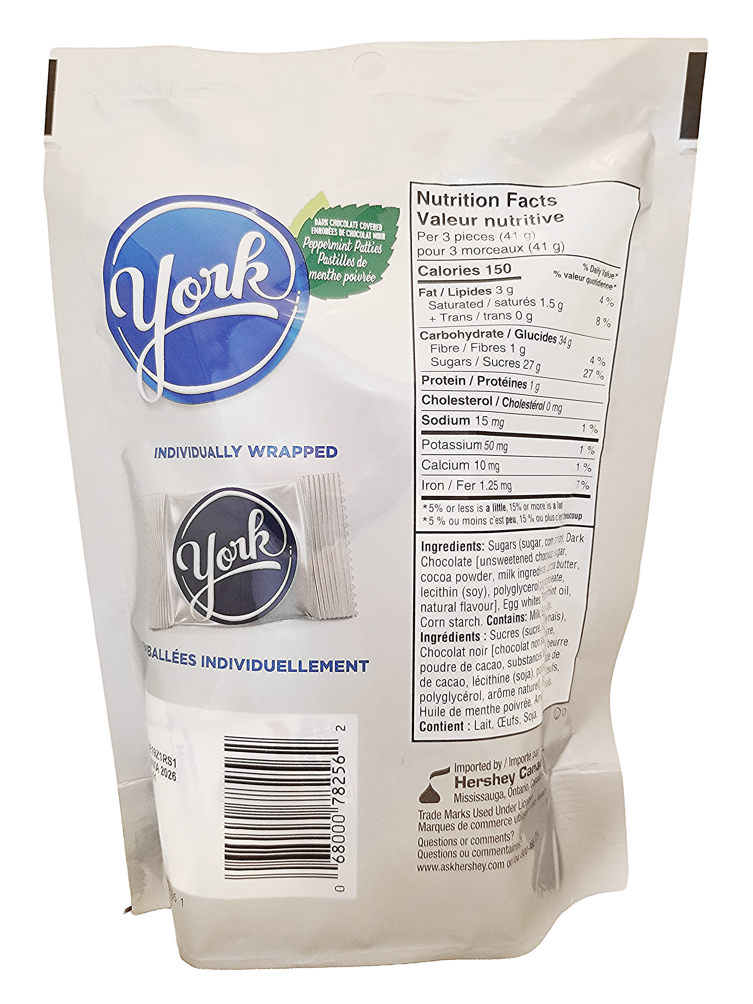 YORK Dark Chocolate Peppermint Patties Miniatures - 200g packaging with nutrition facts and ingredients listed